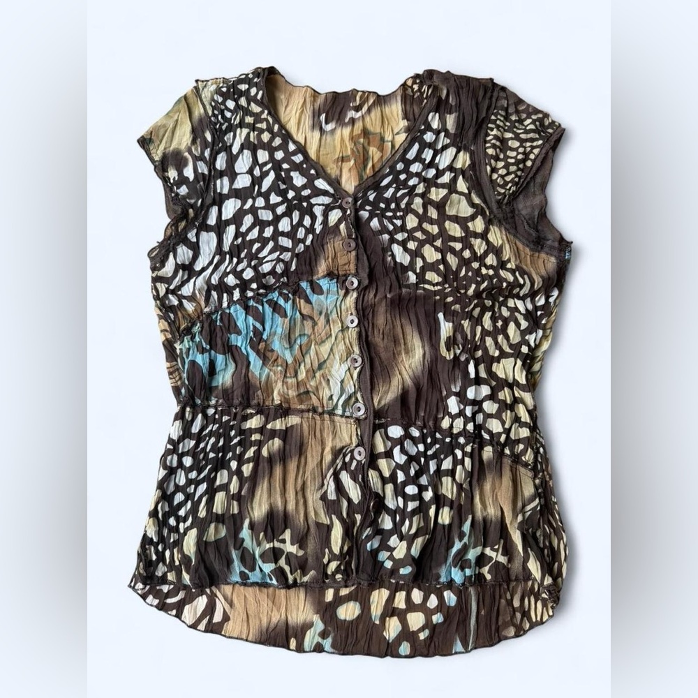 Brown and Blue Patterned Women's Top Vintage Y2K